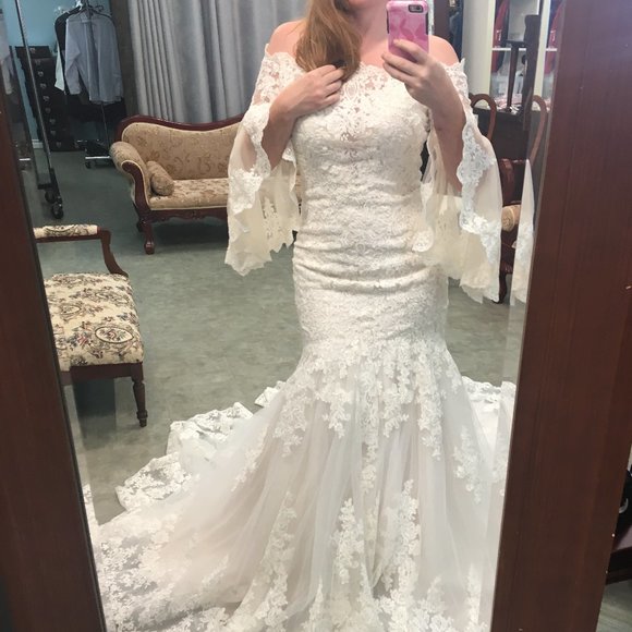 NWT Poet Sleeve Lace Blush/Ivory Wedding Dress - Picture 3 of 16